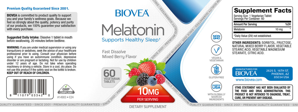 Biovea Melatonina 10mg 60 Tabletas Sabor Mixed Berries