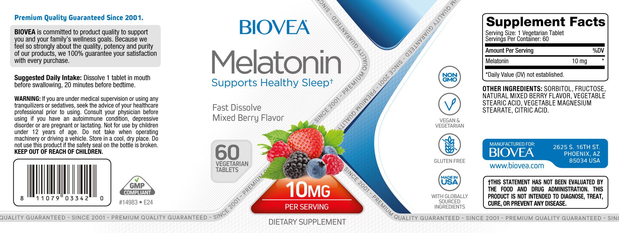 Biovea Melatonina 10mg 60 Tabletas Sabor Mixed Berries