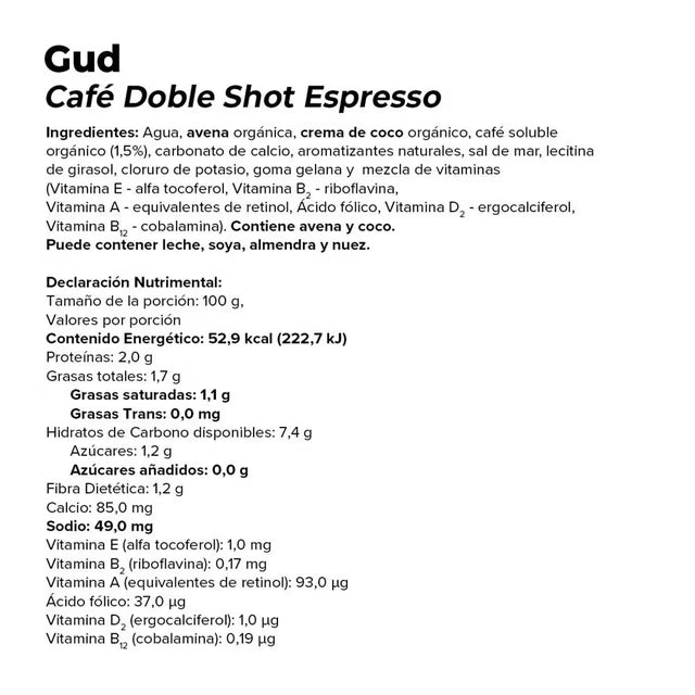 GÜD Bebida de Café orgánico con avena sabor doble expresso