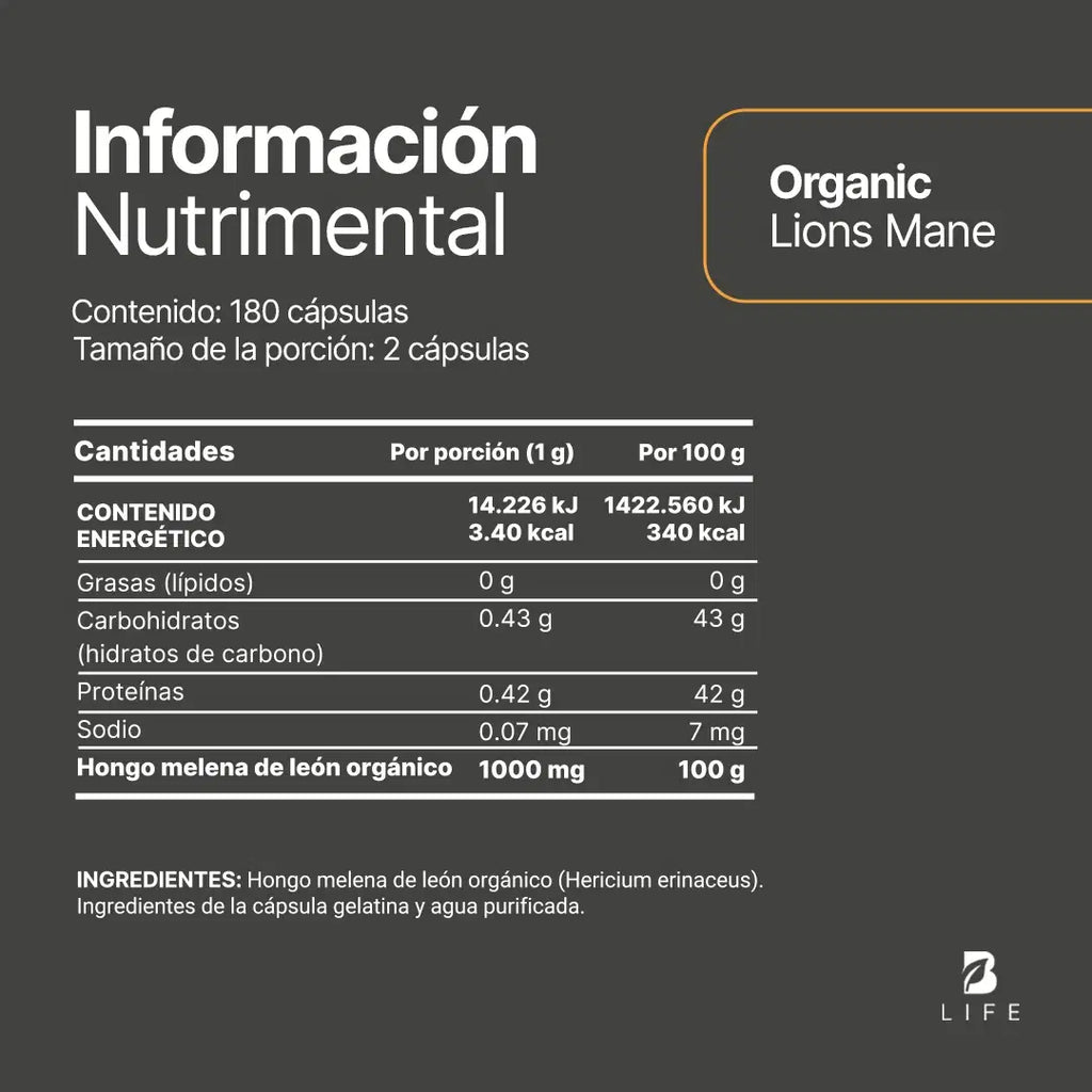 B Life Hongo Melena de León Organico 180 Cápsulas