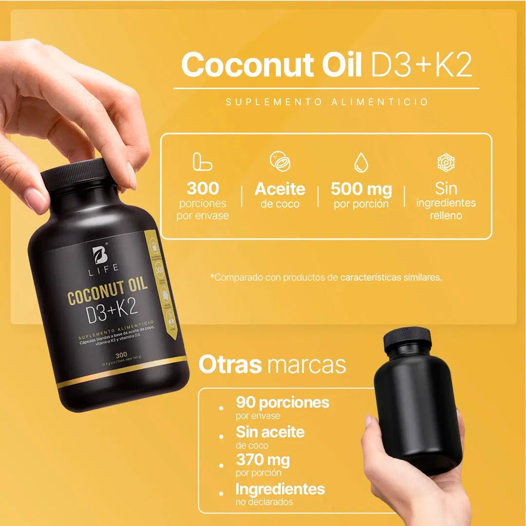B Life Vitamina D3 + K2 Con Aceite de Coco 300 Cápsulas