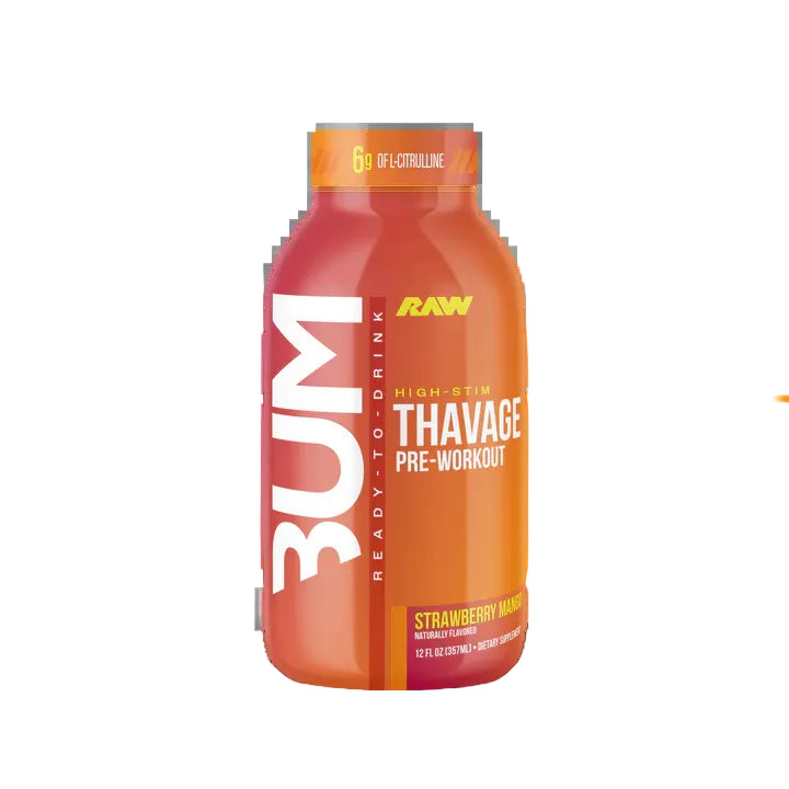 Raw Nutrition CBUM Thavage RTD Pre-Workout sabor Strawberry Mango